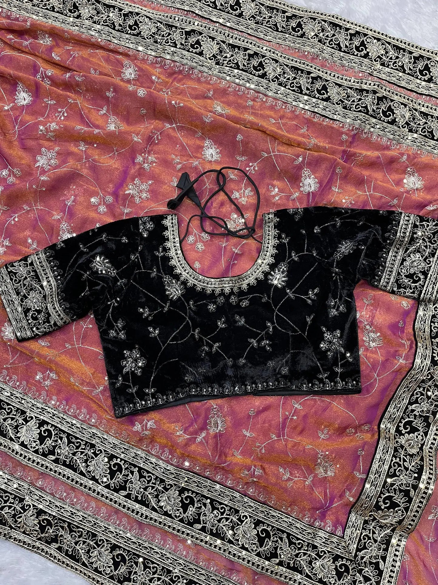 Saheli Designer Soft Mocha Silk Saree with Velvet Blouse & Sequins Work RV-6052