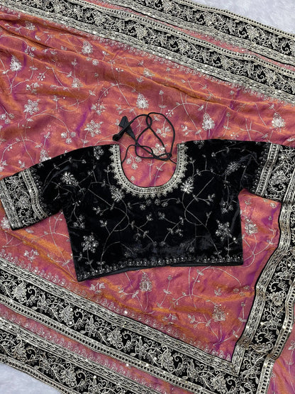 Saheli Designer Soft Mocha Silk Saree with Velvet Blouse & Sequins Work RV-6052