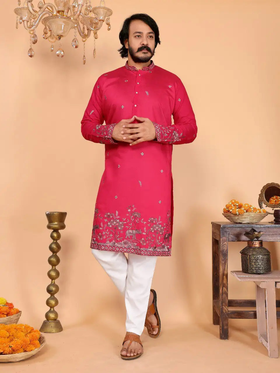 Men's Embroidered Linen Kurta Pyjama Set - Wedding & Festive Wear Vantara-05