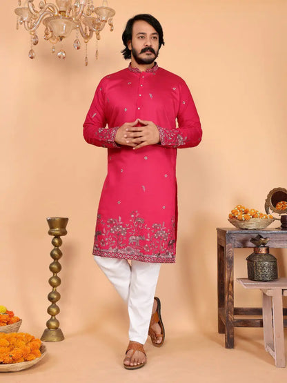 Men's Embroidered Linen Kurta Pyjama Set - Wedding & Festive Wear Vantara-05