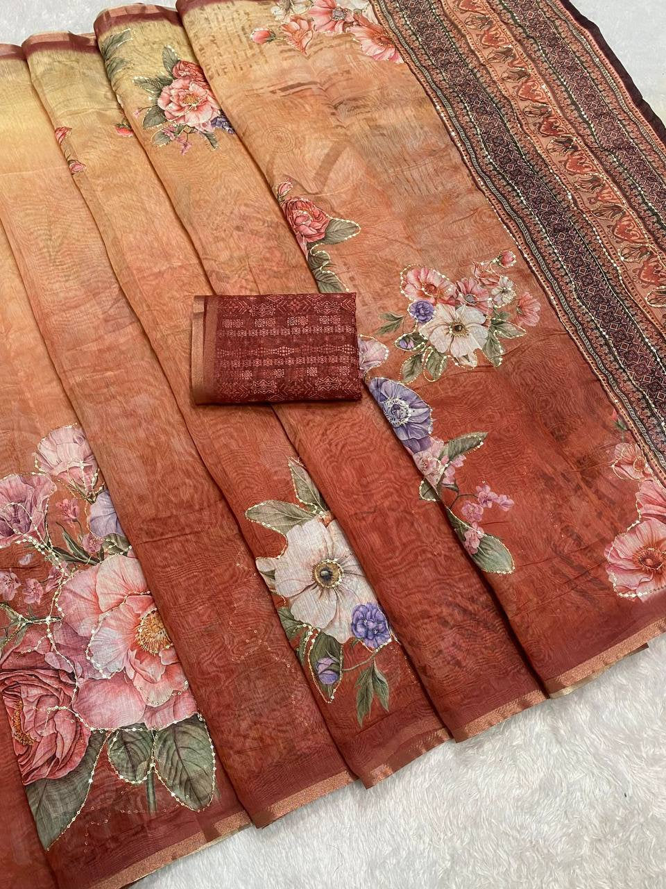 Linen Printed Saree with Sequin & Zari Border