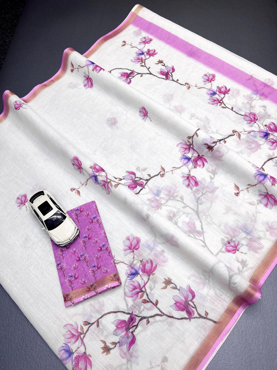 Linen Digital Print Saree with Gold Jari Border