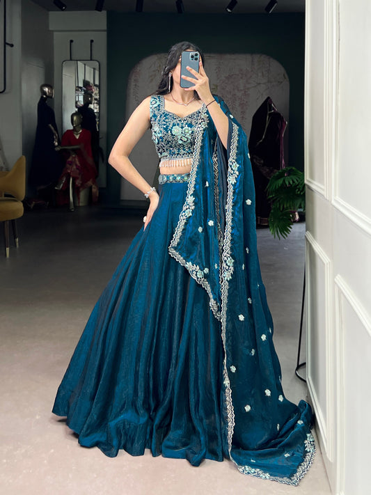 Premium Fendi equins and thread embroidery with embellished belt  Lehenga