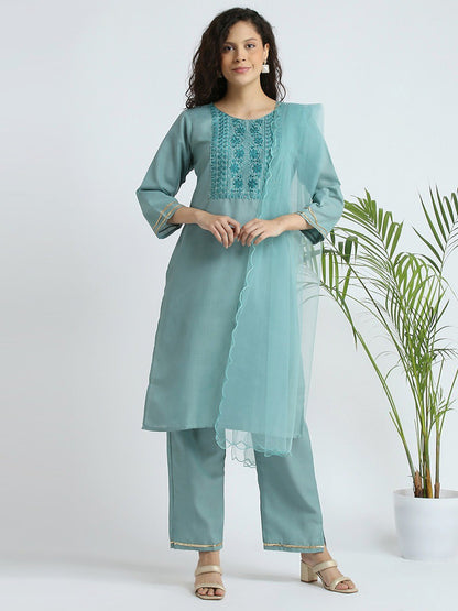 Slub Cotton Fully Stitched Ethnic Set with Dupatta