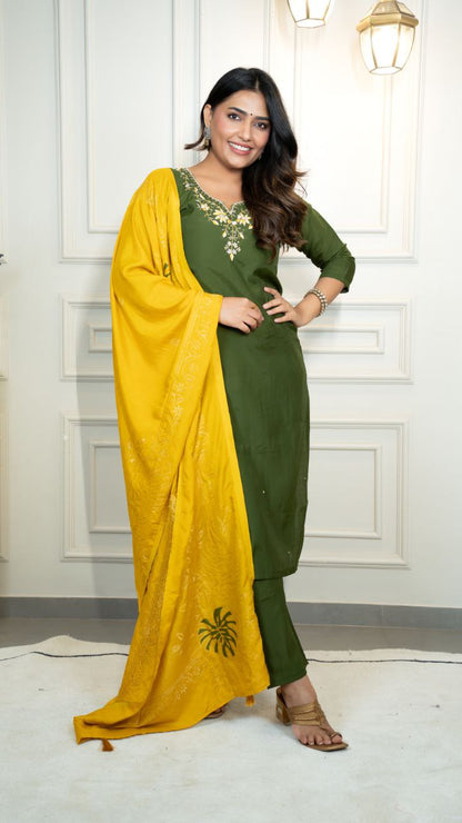 Premium Roman Silk Designer Kurti Pant Dupatta Set