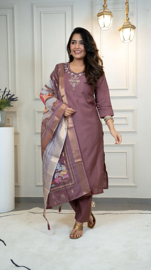 Premium Roman Silk  Designer Kurti Pant Dupatta Set