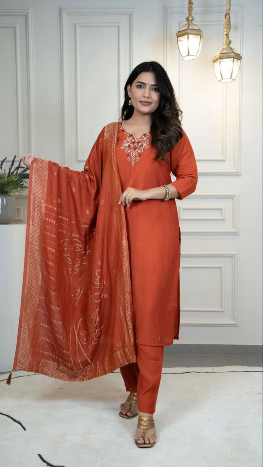 Premium Roman Silk  New Designer Kurti Pant Dupatta Set