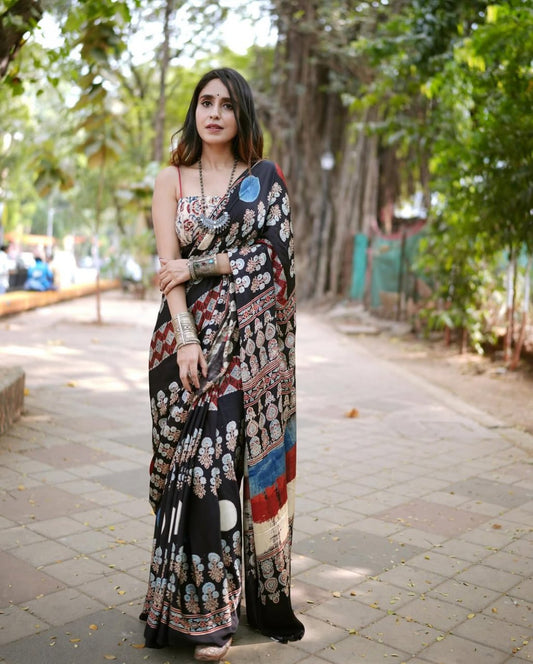 Black Semi Gajji Silk Soft and Smooth Saree