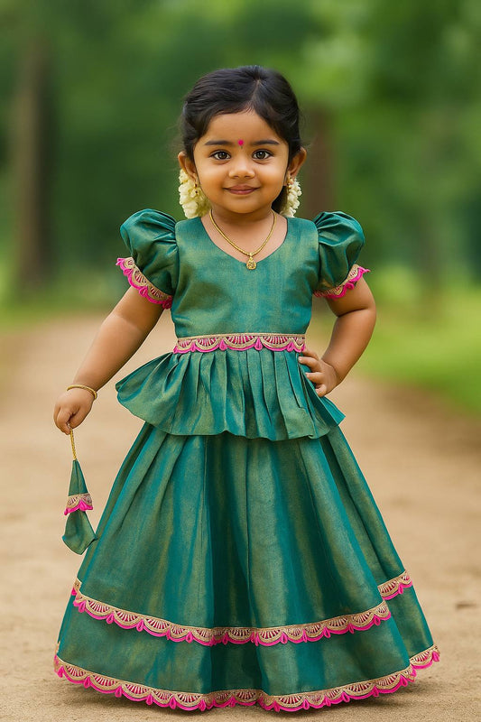 Ice Blue Dual ton Kids Silk Lehenga Choli with Jacquard Weaving & Embroidery Lace