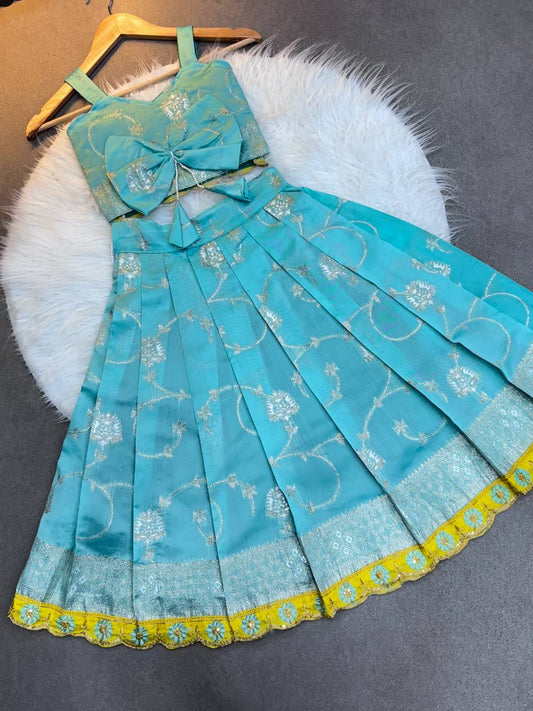Soft Silk With Pure Zari Waving Fabric Kids Silk Lehenga Choli with Jacquard Weaving & Embroidery Lace