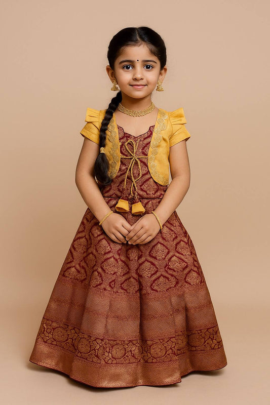 Maroon Color  Kids Koti Gown with Jacquard Weaving & Embroidered Koti