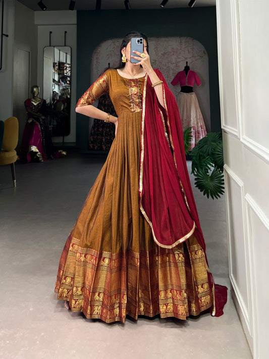 Traditional Narayanpet Cotton Gown with Chiffon Dupatta
