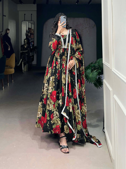 Floral Print Georgette Gown with Dupatta