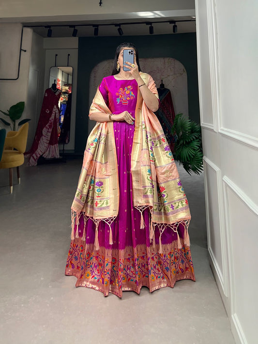 Jacquard Silk Paithani Gown with Zari Weaving Dupatta