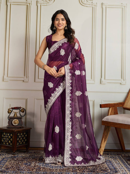 Sisara Party Wear Twill Net Saree with Sequins Embroidery & Solid Blouse