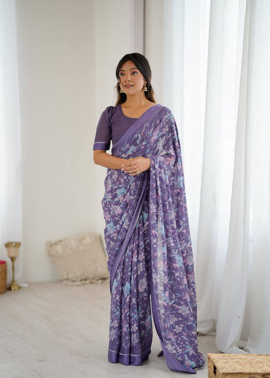 Bright Moss Satin Patta Printed Saree
