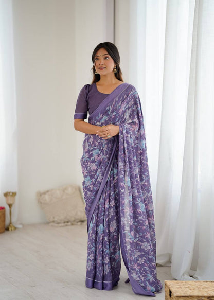 Bright Moss Satin Patta Printed Saree