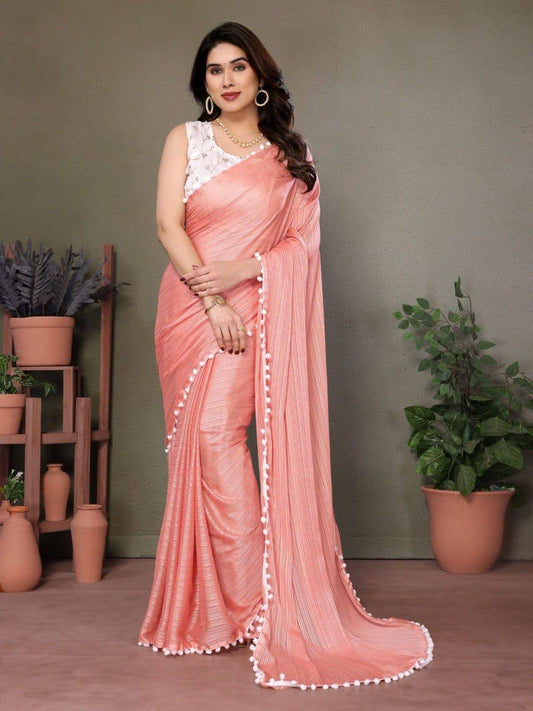 Polyester Zari Plain Saree with Embroidered Blouse & Pum Pum Lace