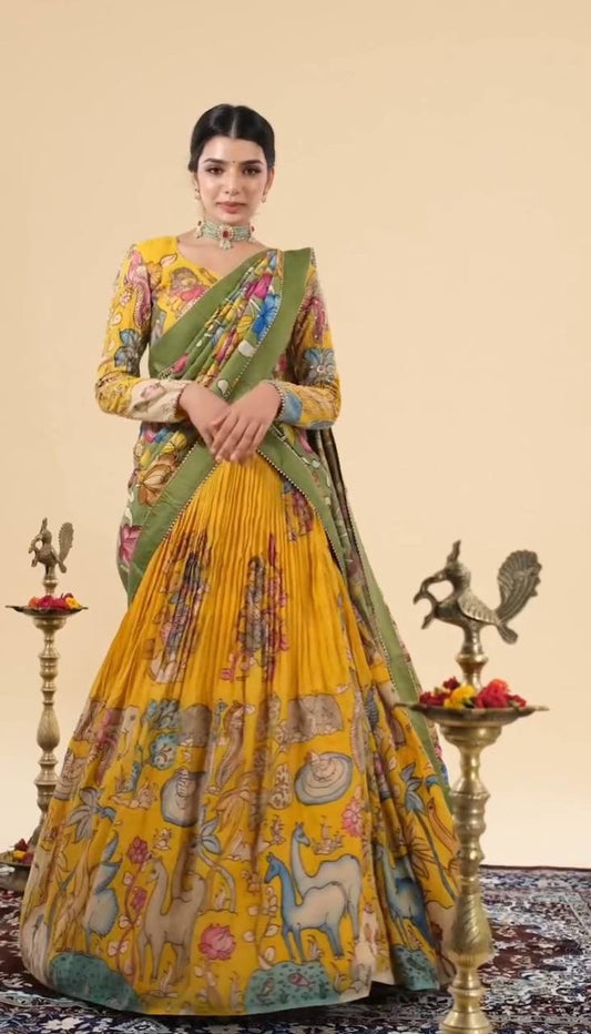 Chinon Kalamkari Print Designer Lehenga Choli with Lace Border Dupatta