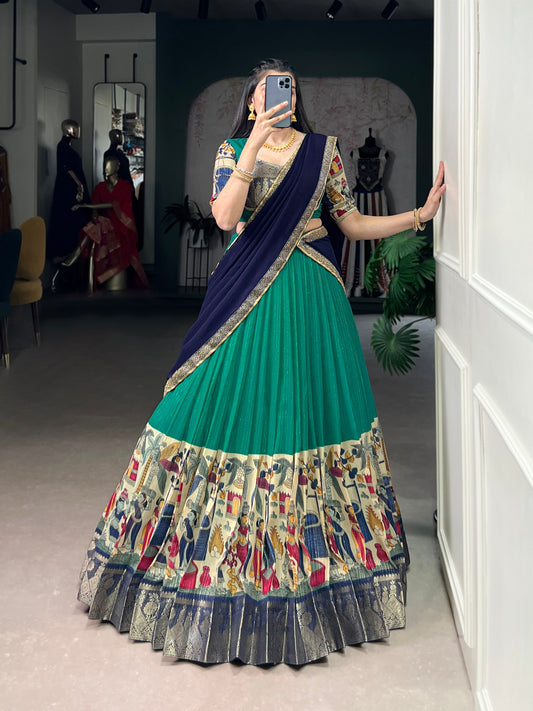 NITRIYA Poly Chanderi Kalamkari Print Lehenga Choli with Zari Stripe & Georgette Dupatta