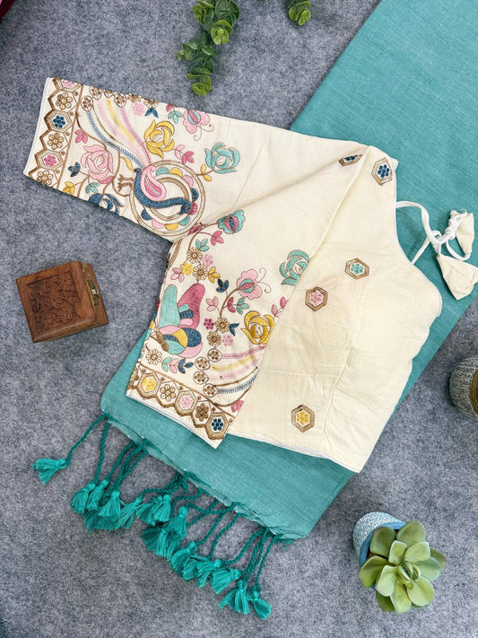 Handloom Khadi COTTON Saree With Peacock Design Blouse