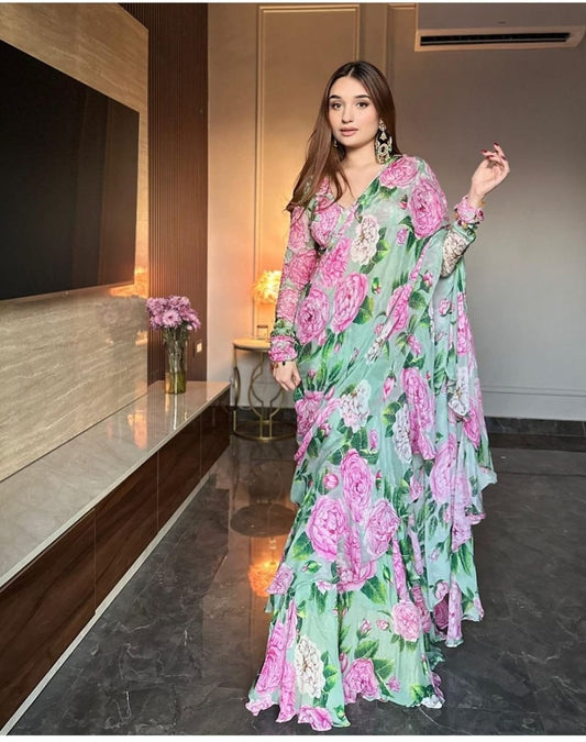 Chinon Silk Lehenga Saree Ready To Wear