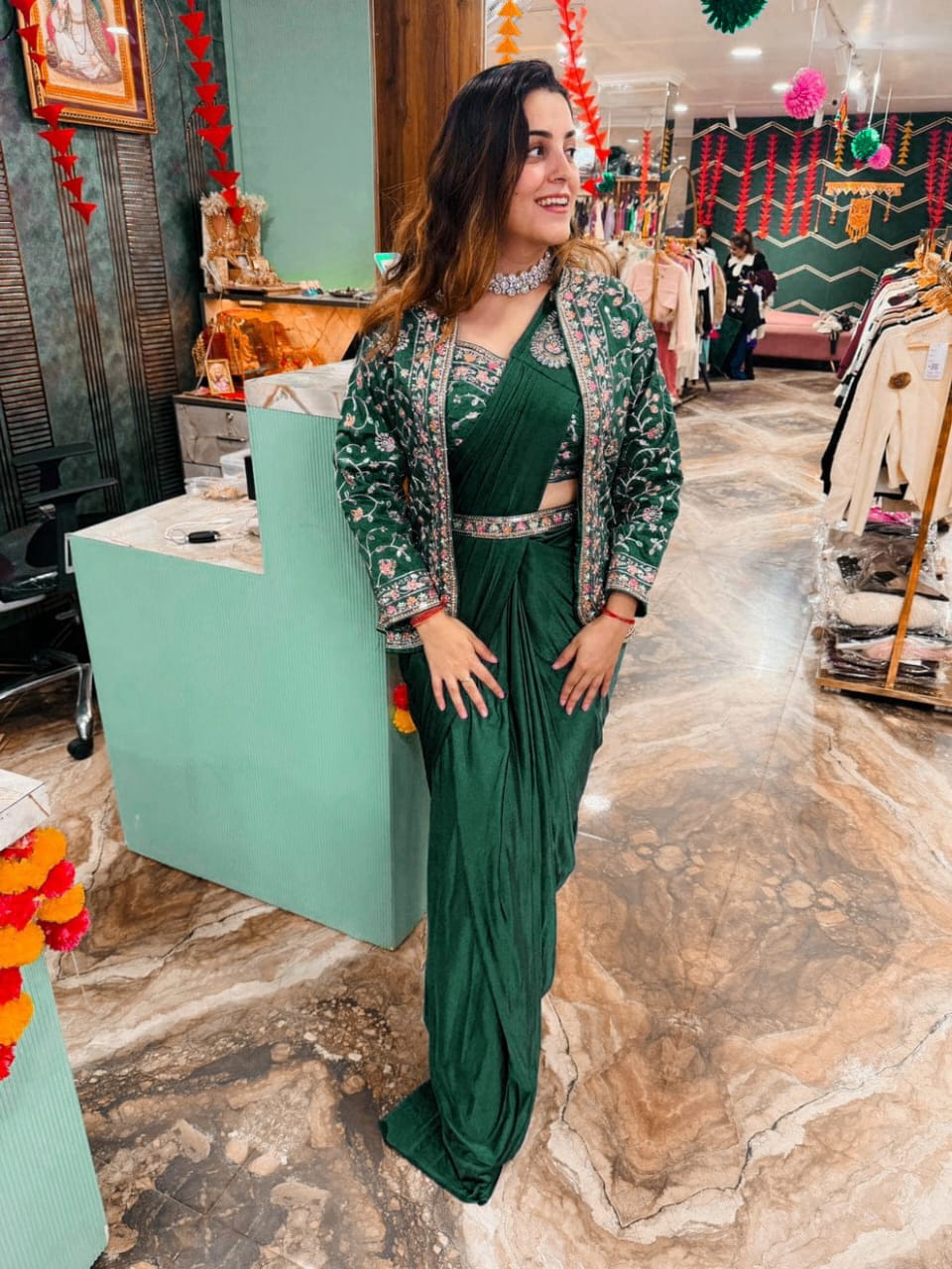 Diamond Satin Silk Ready To Wear Saree With Jacket