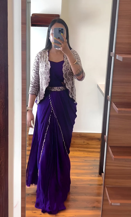 Chinnon Silk with Multi-Thread Embroidery Sequins Ready To Wear Saree With Koti