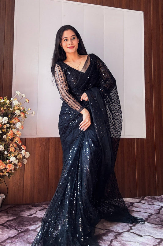 Heavy Sequins &amp; Thread Work Ready To Wear Saree