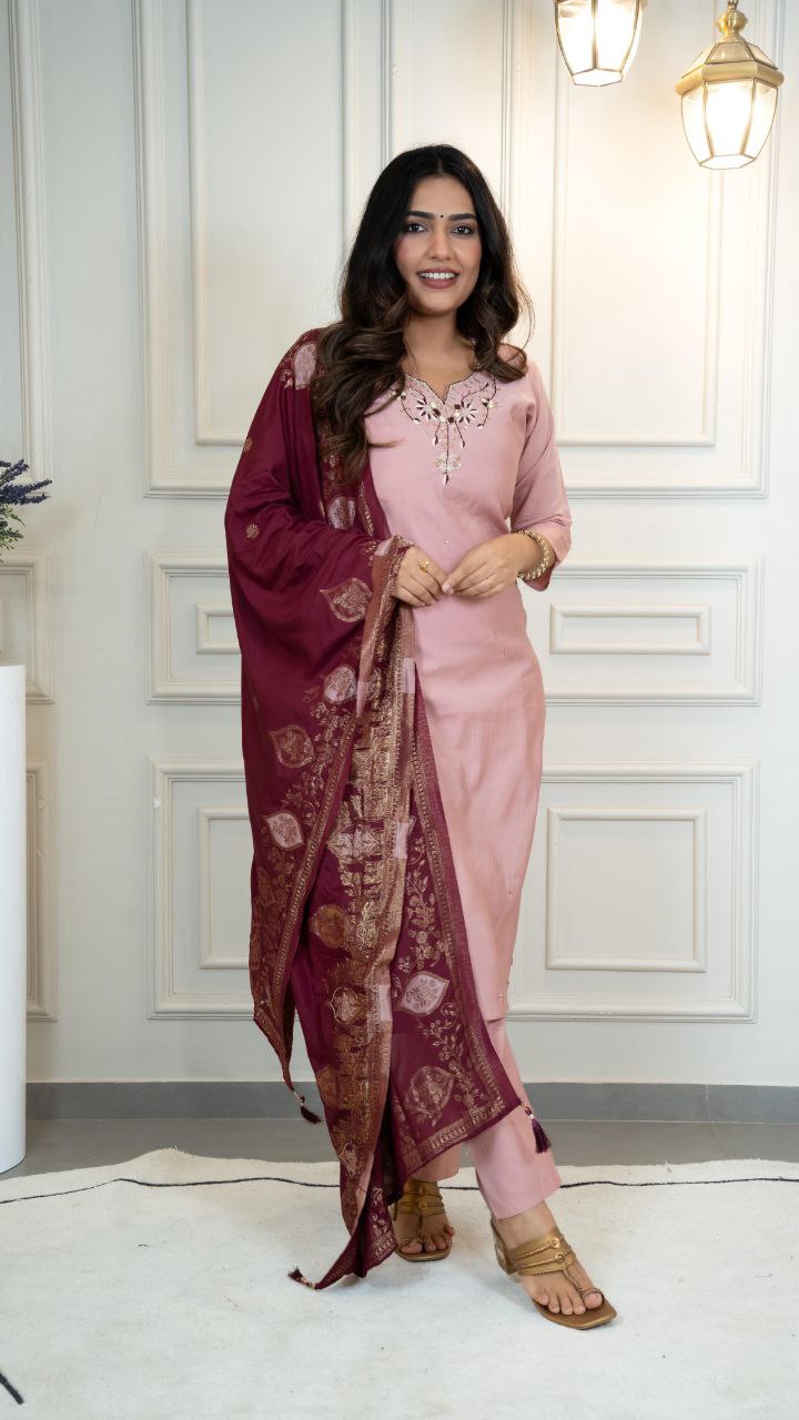 Roman Silk Hand Work Suit With Jacquard Dupatta