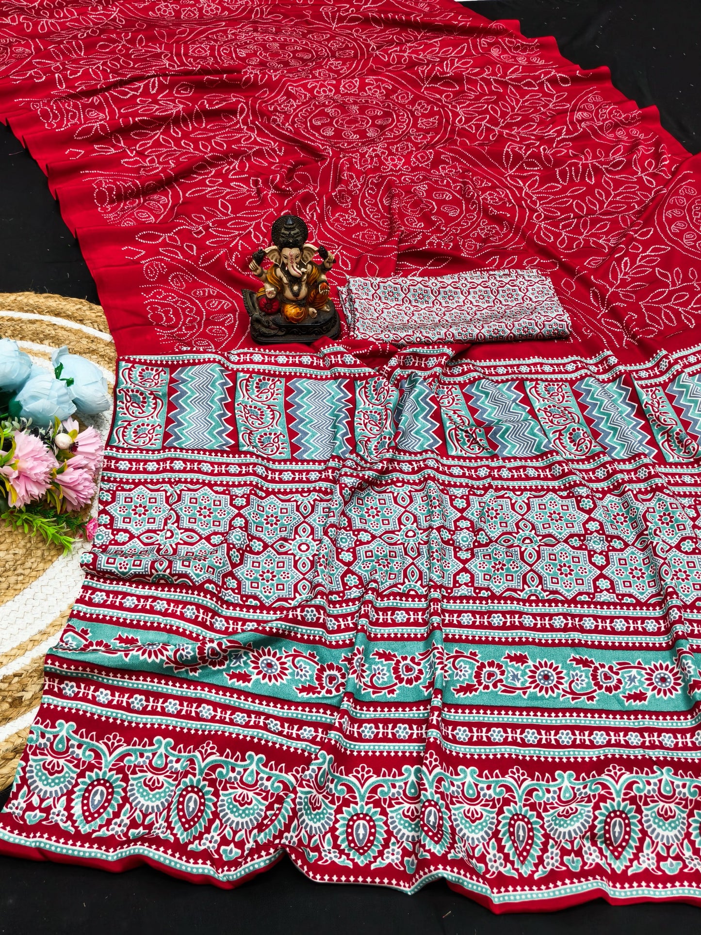 Ajrakh Printed Pallu Bandhej Saree