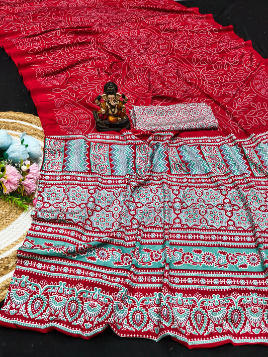 Ajrakh Printed Pallu Bandhej Saree
