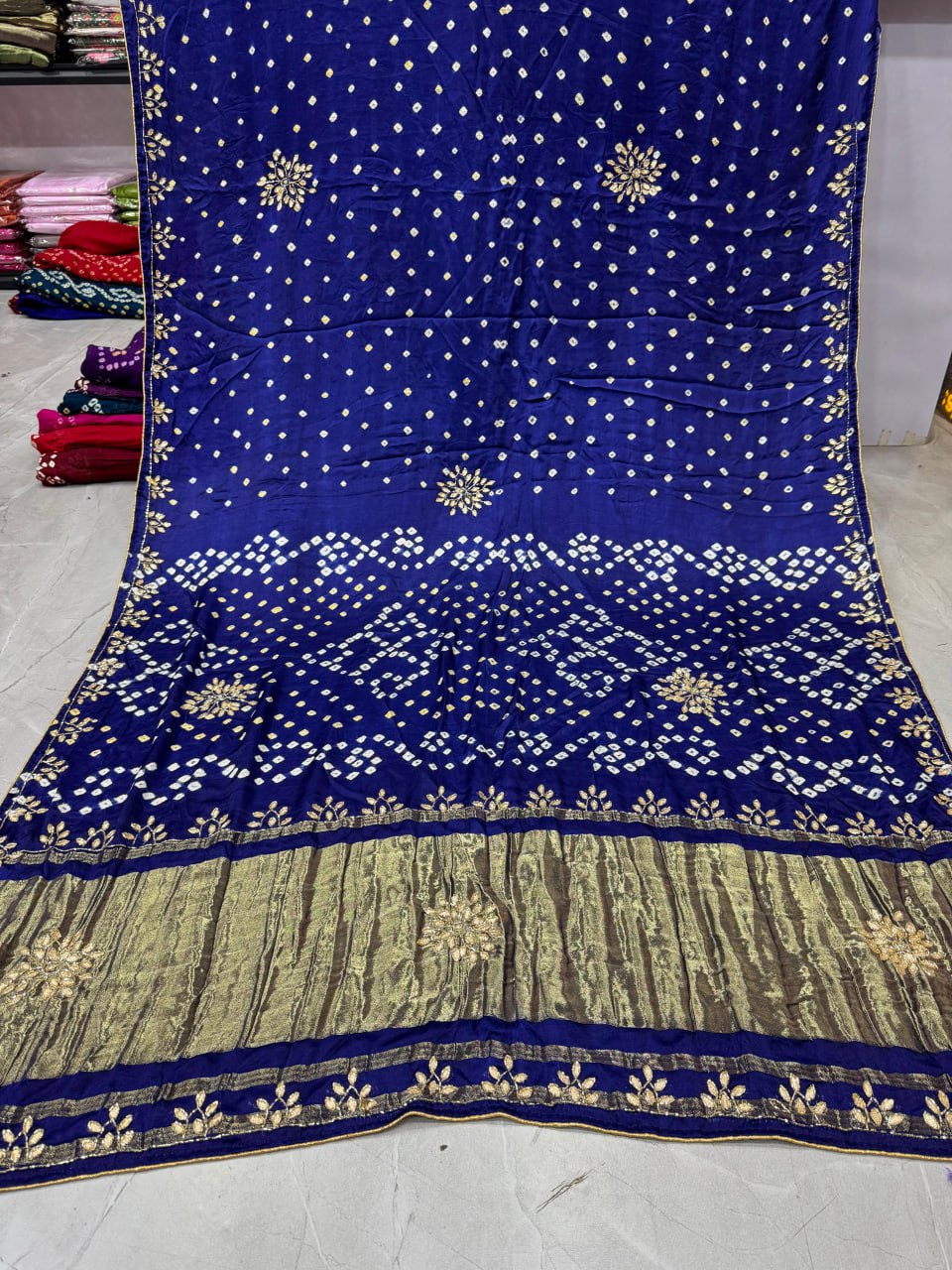 Bandhani With Pure Lagadi Patta With Hand Work Saree