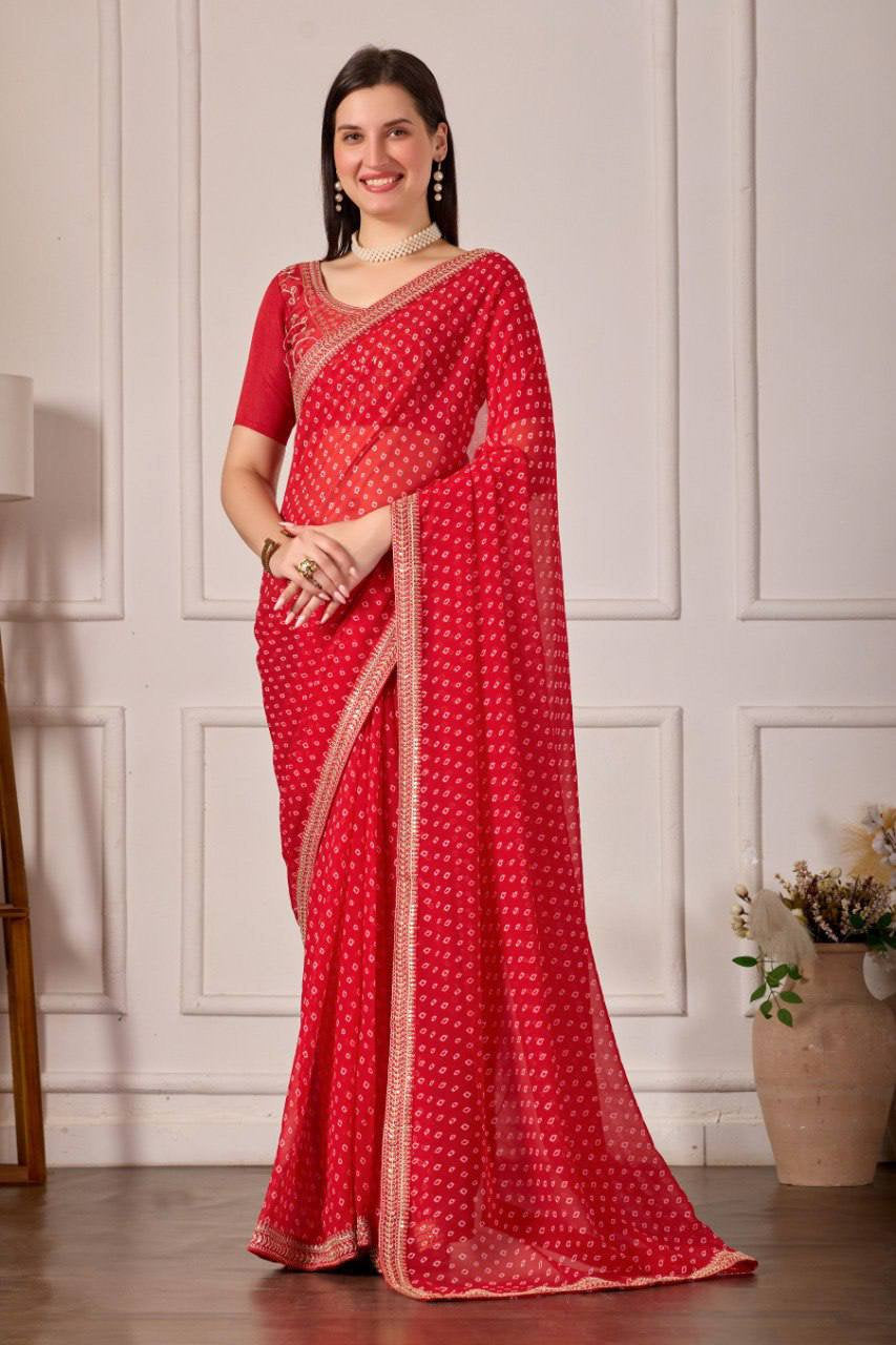 Georgette Silk Printed Saree with Embroidery
