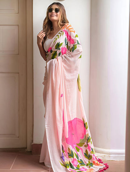 Plain Linen Digital Print Saree