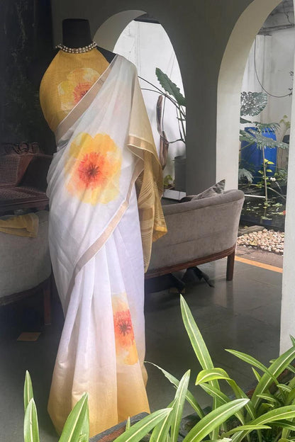 Linen Digital Print Saree with Gold Jari Border