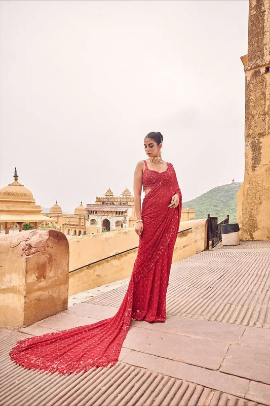 Bollywood style heavy sequins faux georgette saree with embroidered pallu and zalar detailing