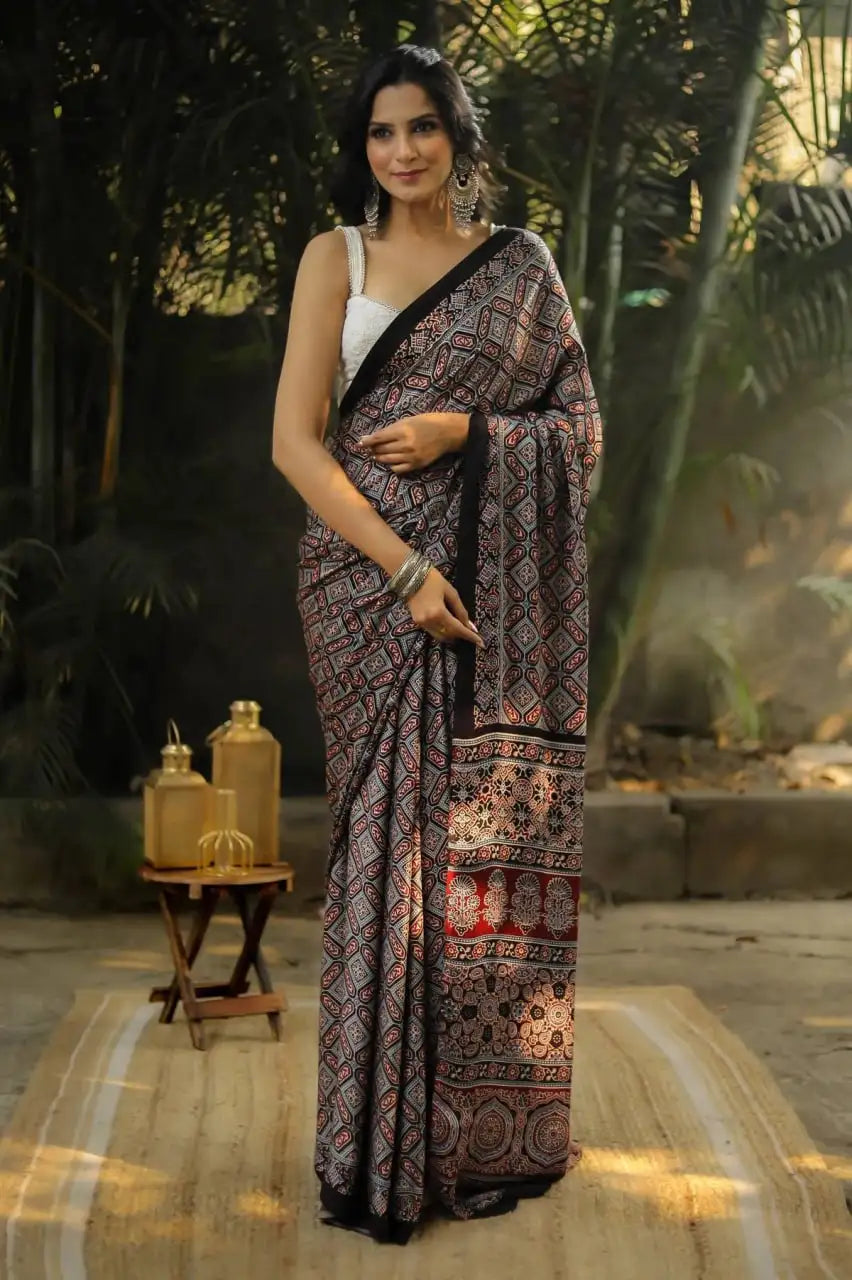 Ajrakh print semi gajji silk saree with rich pallu and contrast digital print blouse