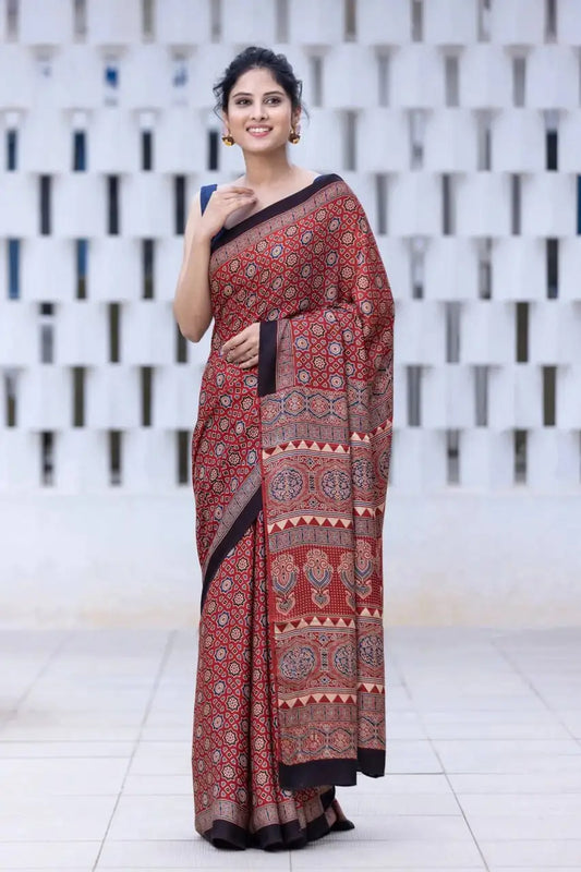 SANVI Fashion Ajrakh Print Semi Gajji Silk Saree with Rich Pallu & Contrast Blouse – SF-2301