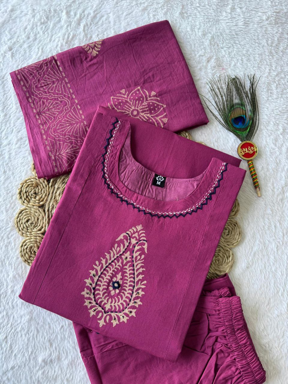 Pure Cotton Kurti Set with Real Mirror Hand Work & Mul Cotton Dupatta – Rouge | KR-396