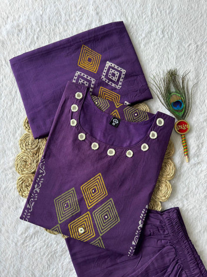 Purple pure cotton kurti set with real mirror hand work and mul cotton hand block print dupatta