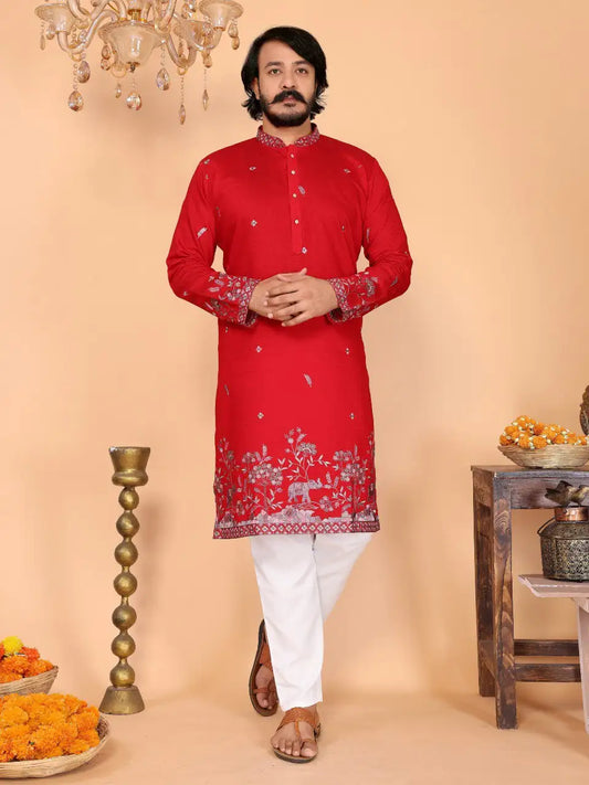 Men’s Vantara-05 heavy linen cotton kurta pyjama set with embroidery sequence work and semi cotton chudidar festive wedding traditional ethnic wear available in sizes 36 38 40 42 44 46 premium designer outfit for men