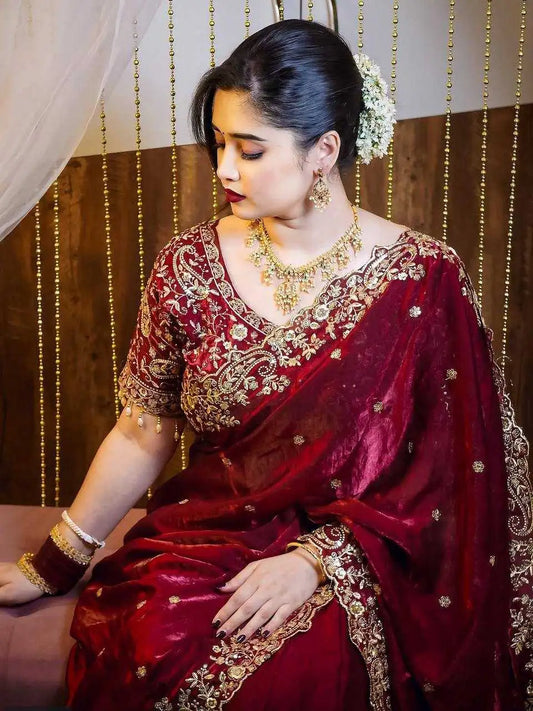 Premium Space Silk Mango Zari Work Saree with Stitched Blouse for Wedding and Festive Wear