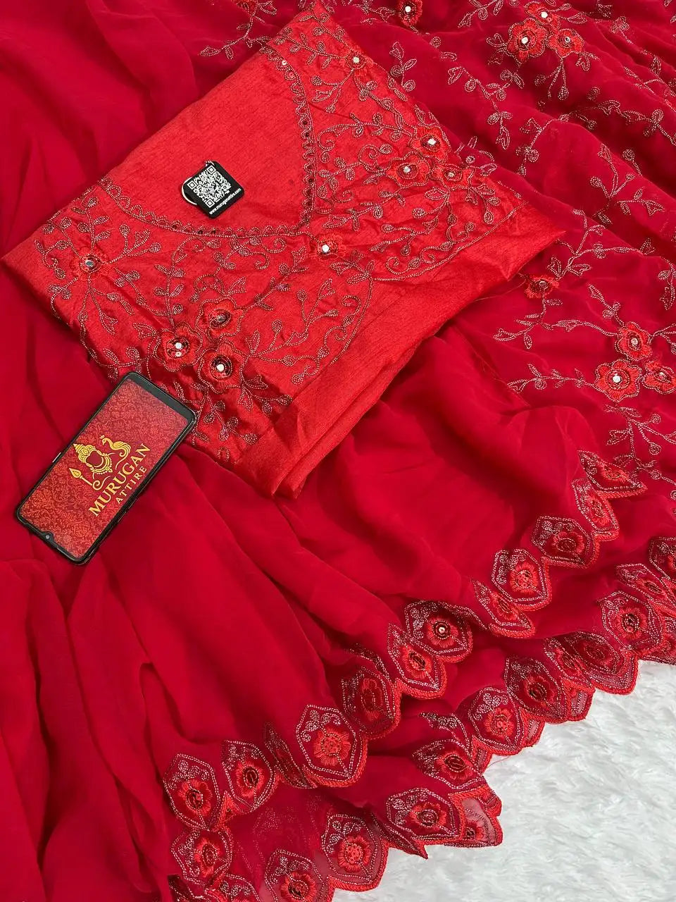 Ruffle (Frill) Soft Georgette Saree with Embroidery, Real Mirror Work & Cut Work Lace Border | VT-792