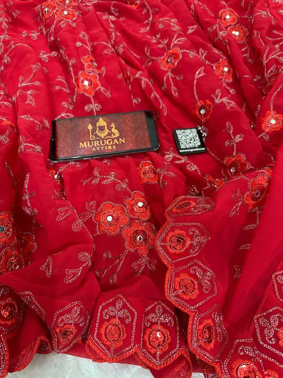 Soft georgette ruffle saree with embroidery, real mirror work, attached frills and cut work lace border with embroidered running blouse