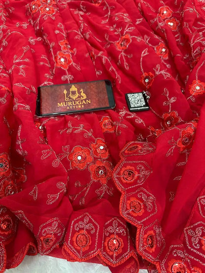 Soft georgette ruffle saree with embroidery, real mirror work, attached frills and cut work lace border with embroidered running blouse