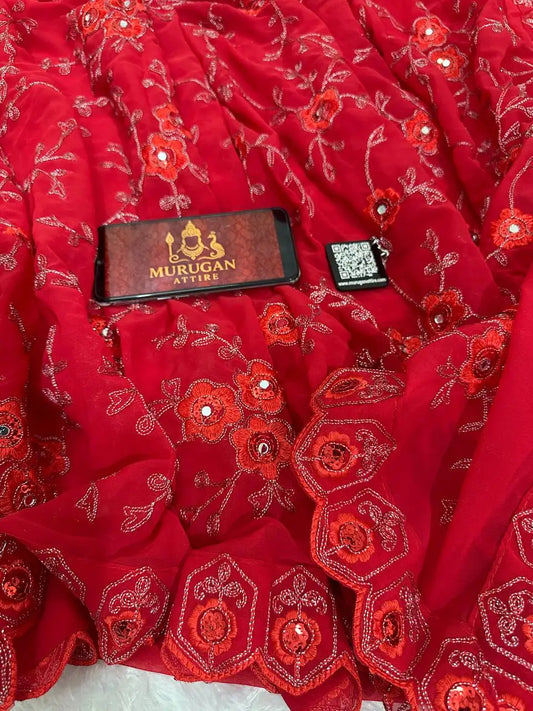 Soft georgette ruffle saree with embroidery, real mirror work, attached frills and cut work lace border with embroidered running blouse