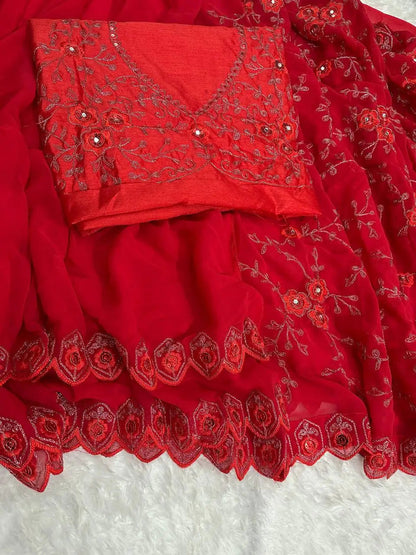 Ruffle (Frill) Soft Georgette Saree with Embroidery, Real Mirror Work & Cut Work Lace Border | VT-792