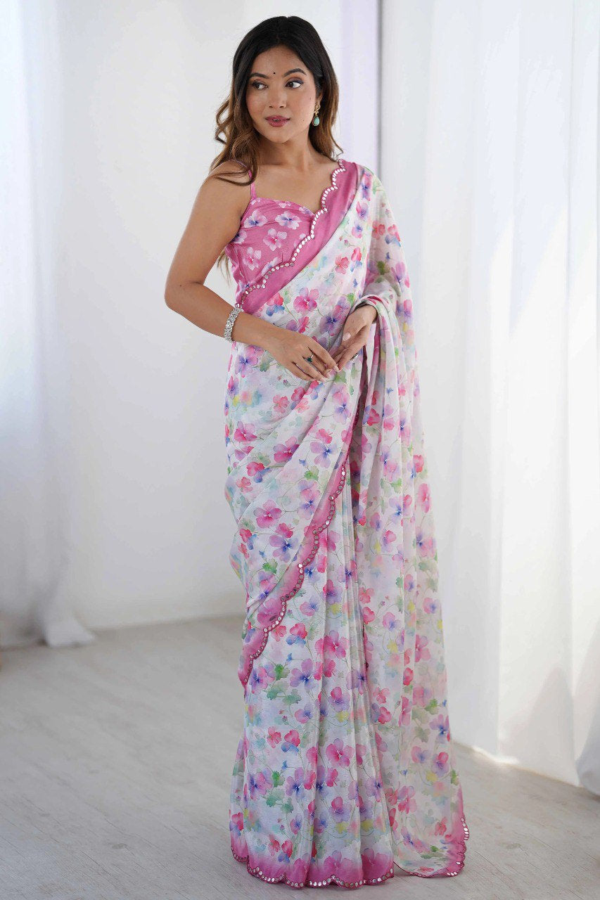 Georgette Silk Printed Saree with Mirror Work