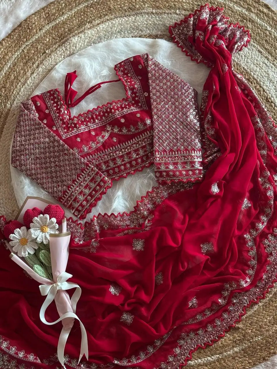 Premium faux georgette saree with zari and sequin embroidery and heavy embroidered blouse